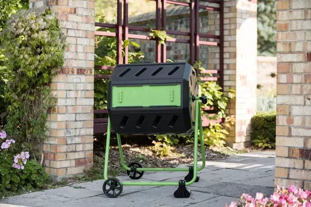 Alt view image 6 of 6 - HOTFROG Mobile Dual Chamber Tumbling Composter with Wheels - Outdoor Rotating Garden Compost Bin (HF-IM4000-WK) Black & Green (37-Gallon)