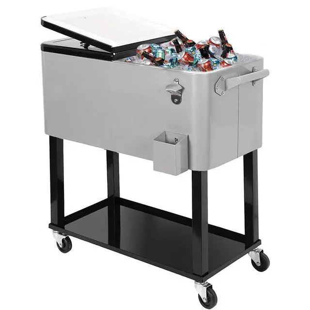 Alt view image 2 of 6 - 80 Quart Rolling Patio Cooler Ice Chest Beverage Cart, Party Drink Beverage Bar with Wheels with Shelf & Bottle Opener, Portable Outdoor Backyard Patio Deck Ice Tub Trolley