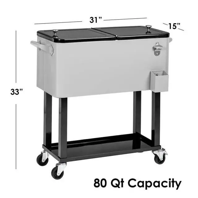 Alt view image 3 of 6 - 80 Quart Rolling Patio Cooler Ice Chest Beverage Cart, Party Drink Beverage Bar with Wheels with Shelf & Bottle Opener, Portable Outdoor Backyard Patio Deck Ice Tub Trolley
