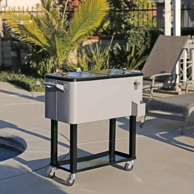 Alt view image 5 of 6 - 80 Quart Rolling Patio Cooler Ice Chest Beverage Cart, Party Drink Beverage Bar with Wheels with Shelf & Bottle Opener, Portable Outdoor Backyard Patio Deck Ice Tub Trolley
