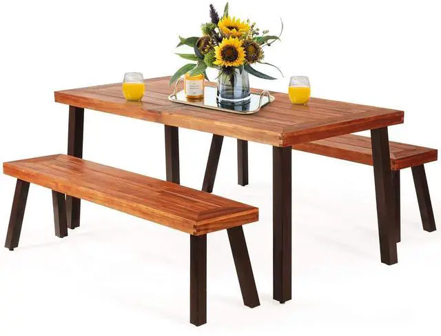 Main image of Patio Dining Table Set with 2 Benches, Outdoor Picnic Table Set with Umbrella Hole, Acacia Wood Patio Seating and Rectangular Table for Backyard, Garden, Lawn (Rustic Brown)