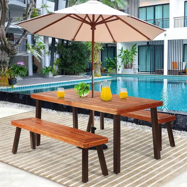 Alt view image 2 of 6 - Patio Dining Table Set with 2 Benches, Outdoor Picnic Table Set with Umbrella Hole, Acacia Wood Patio Seating and Rectangular Table for Backyard, Garden, Lawn (Rustic Brown)
