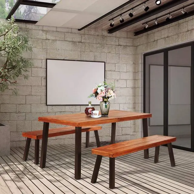 Alt view image 3 of 6 - Patio Dining Table Set with 2 Benches, Outdoor Picnic Table Set with Umbrella Hole, Acacia Wood Patio Seating and Rectangular Table for Backyard, Garden, Lawn (Rustic Brown)