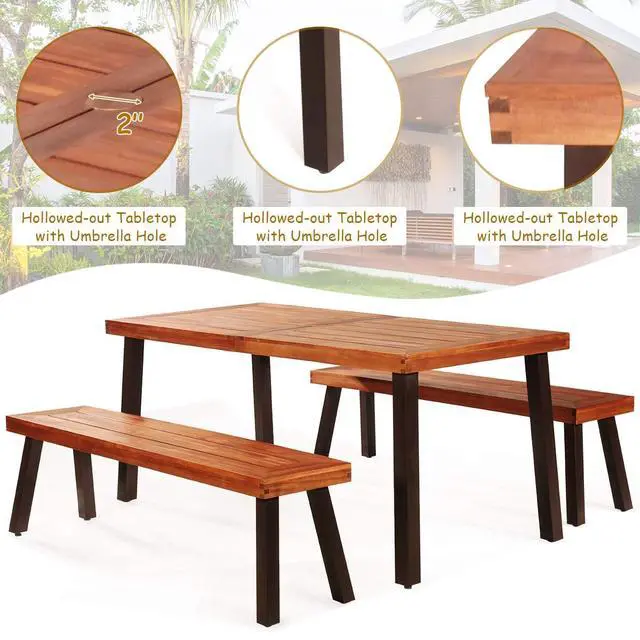 Alt view image 4 of 6 - Patio Dining Table Set with 2 Benches, Outdoor Picnic Table Set with Umbrella Hole, Acacia Wood Patio Seating and Rectangular Table for Backyard, Garden, Lawn (Rustic Brown)