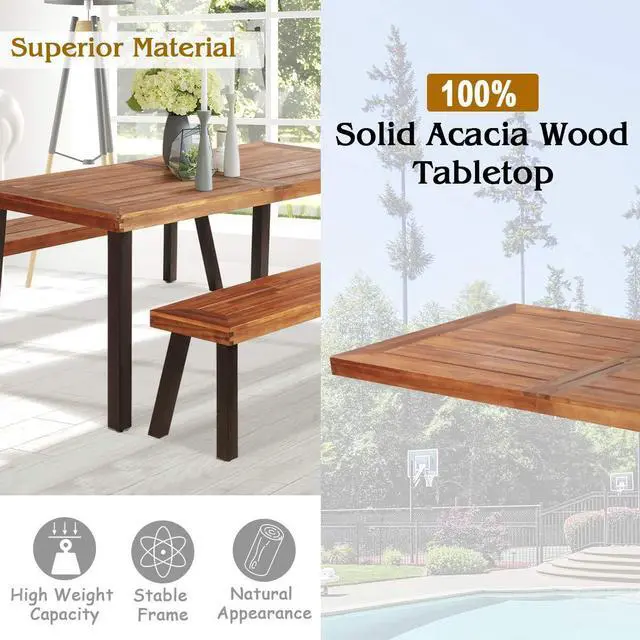 Alt view image 5 of 6 - Patio Dining Table Set with 2 Benches, Outdoor Picnic Table Set with Umbrella Hole, Acacia Wood Patio Seating and Rectangular Table for Backyard, Garden, Lawn (Rustic Brown)