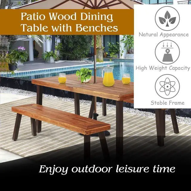 Alt view image 6 of 6 - Patio Dining Table Set with 2 Benches, Outdoor Picnic Table Set with Umbrella Hole, Acacia Wood Patio Seating and Rectangular Table for Backyard, Garden, Lawn (Rustic Brown)