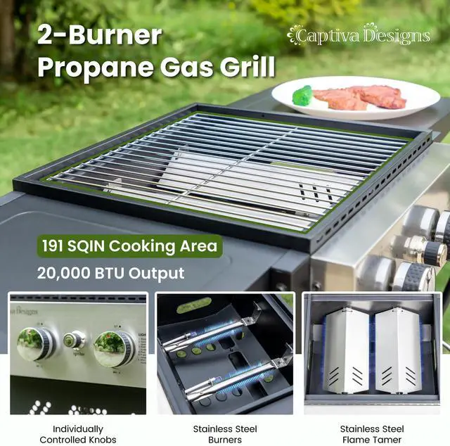 Alt view image 2 of 6 - 2-Burner Propane Gas BBQ Grill with Cast Iron Griddle Pan, 20,000 BTU Output Small Barbecue Grill for Outdoor, Patio, Backyard and Balcony