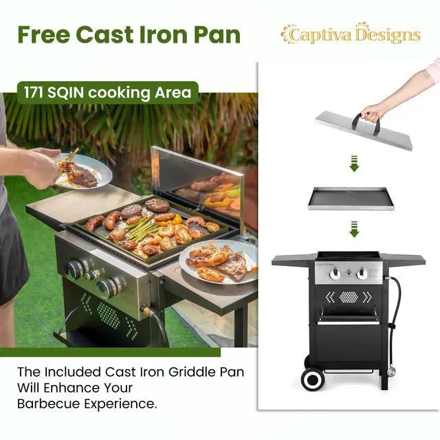 Alt view image 3 of 6 - 2-Burner Propane Gas BBQ Grill with Cast Iron Griddle Pan, 20,000 BTU Output Small Barbecue Grill for Outdoor, Patio, Backyard and Balcony