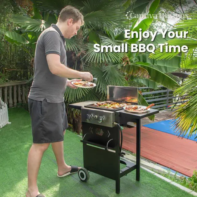 Alt view image 5 of 6 - 2-Burner Propane Gas BBQ Grill with Cast Iron Griddle Pan, 20,000 BTU Output Small Barbecue Grill for Outdoor, Patio, Backyard and Balcony