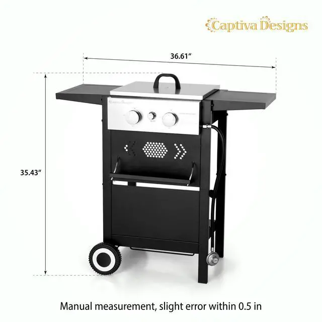 Alt view image 6 of 6 - 2-Burner Propane Gas BBQ Grill with Cast Iron Griddle Pan, 20,000 BTU Output Small Barbecue Grill for Outdoor, Patio, Backyard and Balcony