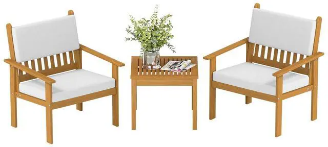 Main image of 3-Piece Patio Furniture Set Acacia Wood Patio Bistro Set Outdoor Chat Conversation Table Chair Set Wood Chat Set with Water Resistant Cushions and Coffee Table Chairs for Beach Backyard Garden