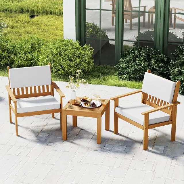 Alt view image 2 of 6 - 3-Piece Patio Furniture Set Acacia Wood Patio Bistro Set Outdoor Chat Conversation Table Chair Set Wood Chat Set with Water Resistant Cushions and Coffee Table Chairs for Beach Backyard Garden