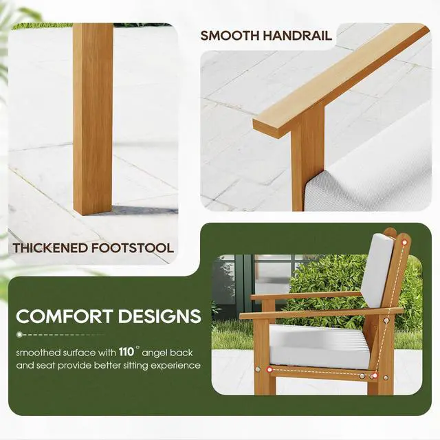 Alt view image 3 of 6 - 3-Piece Patio Furniture Set Acacia Wood Patio Bistro Set Outdoor Chat Conversation Table Chair Set Wood Chat Set with Water Resistant Cushions and Coffee Table Chairs for Beach Backyard Garden