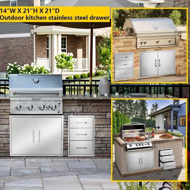 Alt view image 3 of 6 - Outdoor Kitchen Drawer 14" W x 21" H x 21" D Stainless Steel BBQ Drawer with Exquisite Handle Three-Opening Drawer for Embedded Installation