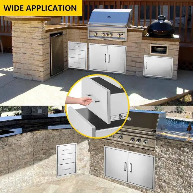 Alt view image 4 of 6 - Outdoor Kitchen Drawer 14" W x 21" H x 21" D Stainless Steel BBQ Drawer with Exquisite Handle Three-Opening Drawer for Embedded Installation