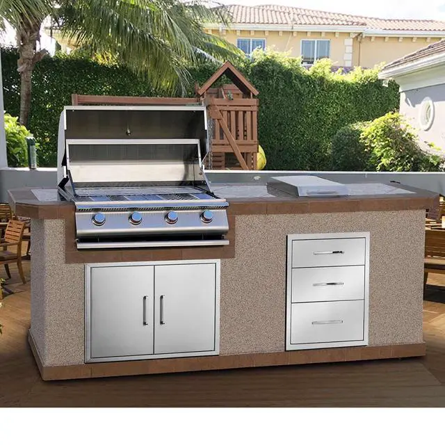 Alt view image 2 of 6 - Outdoor Kitchen Drawer 14" W x 20-1/2"H x 23" D Stainless Steel BBQ Drawer with Exquisite Handle Three-Opening Drawer for Embedded Installation
