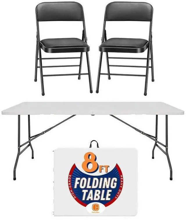 Main image of Combo 8FT Folding Table with 2-Pack Folding Chairs Indoor Outdoor Heavy Duty Portable Folding Plastic Dining Table w/Handle, Lock for Picnic, Party, Camping - White (8ft)