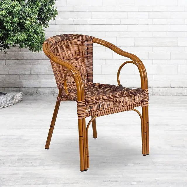 Alt view image 2 of 6 - Cadiz Series Dark Red Bamboo-Aluminum Indoor-Outdoor Restaurant-Patio Chair with Burning Brown Rattan