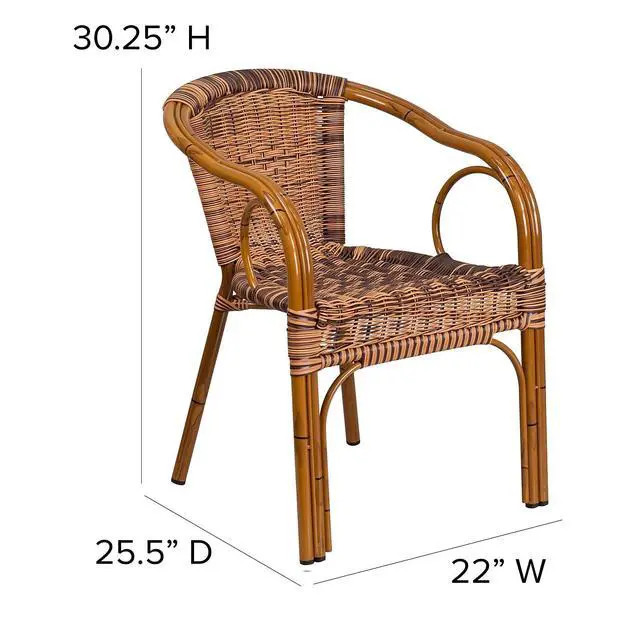 Alt view image 3 of 6 - Cadiz Series Dark Red Bamboo-Aluminum Indoor-Outdoor Restaurant-Patio Chair with Burning Brown Rattan