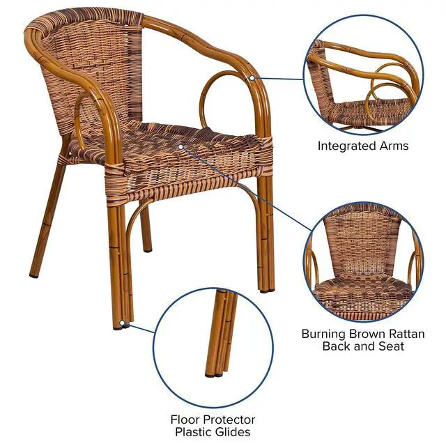 Alt view image 4 of 6 - Cadiz Series Dark Red Bamboo-Aluminum Indoor-Outdoor Restaurant-Patio Chair with Burning Brown Rattan