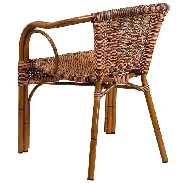 Alt view image 5 of 6 - Cadiz Series Dark Red Bamboo-Aluminum Indoor-Outdoor Restaurant-Patio Chair with Burning Brown Rattan