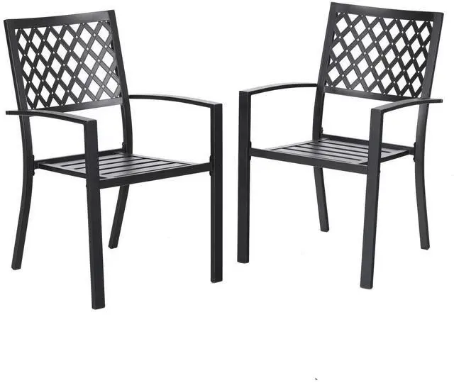 Main image of Outdoor Metal Dining Chairs, Black Wrought Iron Stacking Armchairs, Outside Seating Furniture for Patio Deck, Yard, Porch | 2 PCS | Lattice Back