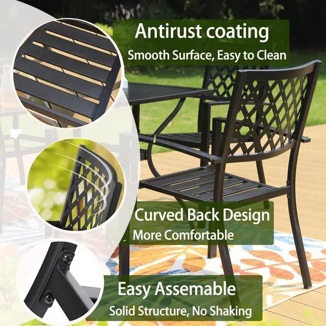 Alt view image 4 of 6 - Outdoor Metal Dining Chairs, Black Wrought Iron Stacking Armchairs, Outside Seating Furniture for Patio Deck, Yard, Porch | 2 PCS | Lattice Back