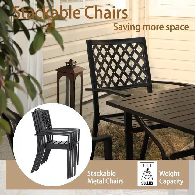Alt view image 5 of 6 - Outdoor Metal Dining Chairs, Black Wrought Iron Stacking Armchairs, Outside Seating Furniture for Patio Deck, Yard, Porch | 2 PCS | Lattice Back