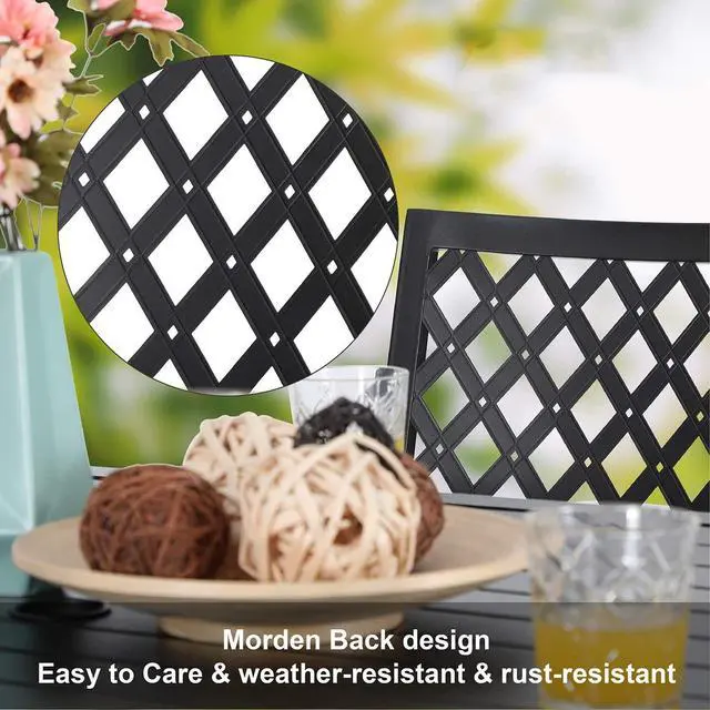 Alt view image 6 of 6 - Outdoor Metal Dining Chairs, Black Wrought Iron Stacking Armchairs, Outside Seating Furniture for Patio Deck, Yard, Porch | 2 PCS | Lattice Back