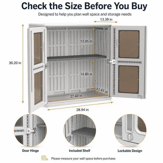 Alt view image 2 of 6 - Garage Wall Cabinet, Wall Mounted Storage Cabinet with Doors, Waterproof Resin Utility Wall Cabinet with Shelf, Lockable Hanging Cabinet for Garage, Laundry Room, Bathroom and Workshop
