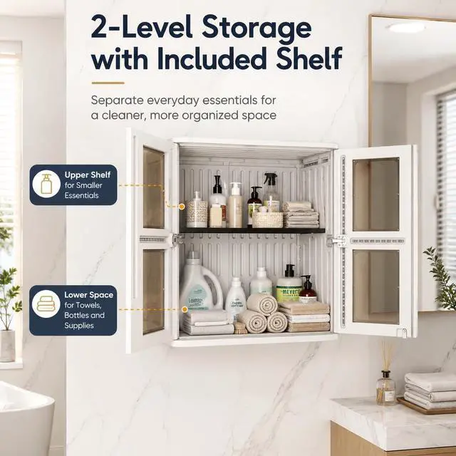 Alt view image 3 of 6 - Garage Wall Cabinet, Wall Mounted Storage Cabinet with Doors, Waterproof Resin Utility Wall Cabinet with Shelf, Lockable Hanging Cabinet for Garage, Laundry Room, Bathroom and Workshop
