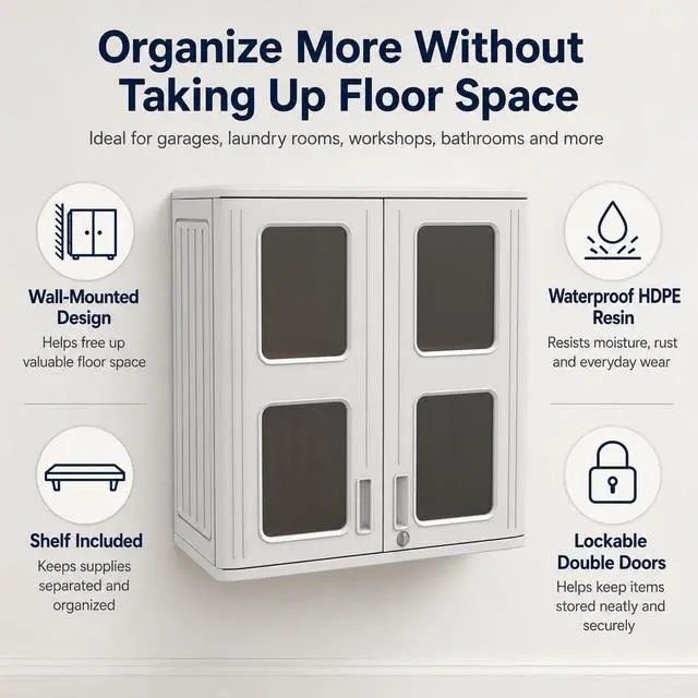 Alt view image 4 of 6 - Garage Wall Cabinet, Wall Mounted Storage Cabinet with Doors, Waterproof Resin Utility Wall Cabinet with Shelf, Lockable Hanging Cabinet for Garage, Laundry Room, Bathroom and Workshop
