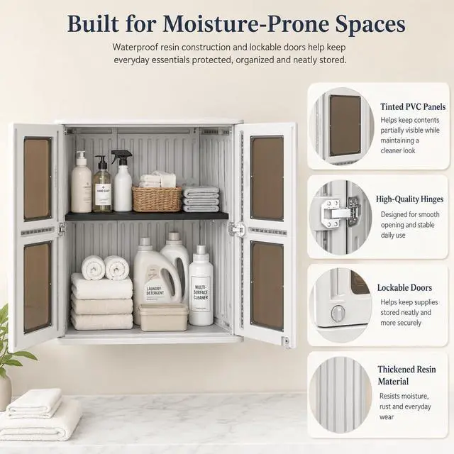 Alt view image 5 of 6 - Garage Wall Cabinet, Wall Mounted Storage Cabinet with Doors, Waterproof Resin Utility Wall Cabinet with Shelf, Lockable Hanging Cabinet for Garage, Laundry Room, Bathroom and Workshop