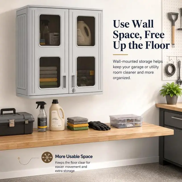 Alt view image 6 of 6 - Garage Wall Cabinet, Wall Mounted Storage Cabinet with Doors, Waterproof Resin Utility Wall Cabinet with Shelf, Lockable Hanging Cabinet for Garage, Laundry Room, Bathroom and Workshop