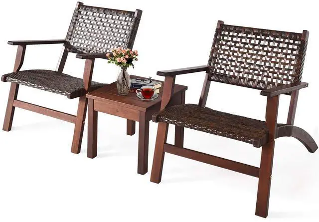 Main image of 3 Pieces Patio Conversation Set, Solid Eucalyptus Wood Frame Outdoor Wicker Furniture Set Bistro Set with Coffee Table, Rattan Furniture Set for Backyard Porch Garden Poolside Balcony (Brown)
