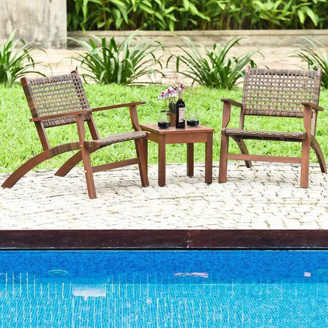 Alt view image 2 of 6 - 3 Pieces Patio Conversation Set, Solid Eucalyptus Wood Frame Outdoor Wicker Furniture Set Bistro Set with Coffee Table, Rattan Furniture Set for Backyard Porch Garden Poolside Balcony (Brown)