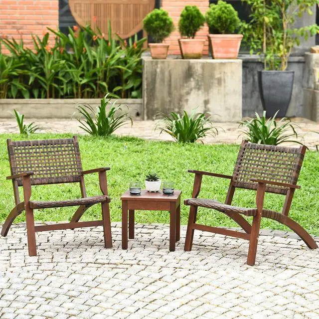 Alt view image 3 of 6 - 3 Pieces Patio Conversation Set, Solid Eucalyptus Wood Frame Outdoor Wicker Furniture Set Bistro Set with Coffee Table, Rattan Furniture Set for Backyard Porch Garden Poolside Balcony (Brown)