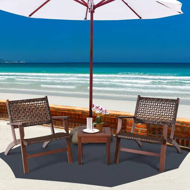 Alt view image 4 of 6 - 3 Pieces Patio Conversation Set, Solid Eucalyptus Wood Frame Outdoor Wicker Furniture Set Bistro Set with Coffee Table, Rattan Furniture Set for Backyard Porch Garden Poolside Balcony (Brown)