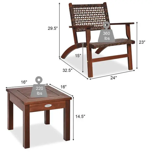 Alt view image 5 of 6 - 3 Pieces Patio Conversation Set, Solid Eucalyptus Wood Frame Outdoor Wicker Furniture Set Bistro Set with Coffee Table, Rattan Furniture Set for Backyard Porch Garden Poolside Balcony (Brown)