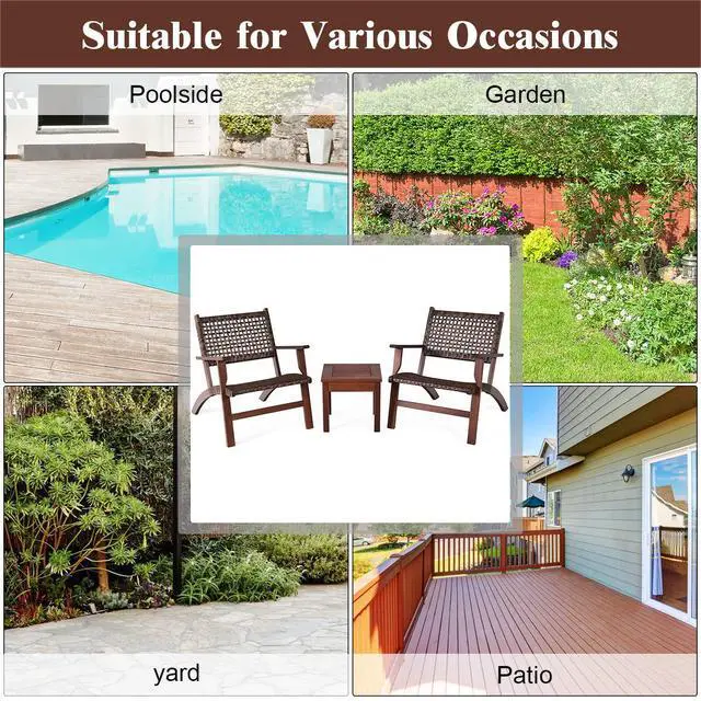 Alt view image 6 of 6 - 3 Pieces Patio Conversation Set, Solid Eucalyptus Wood Frame Outdoor Wicker Furniture Set Bistro Set with Coffee Table, Rattan Furniture Set for Backyard Porch Garden Poolside Balcony (Brown)