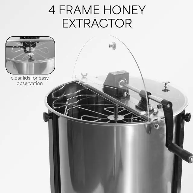 Alt view image 3 of 6 - Honey Extractor 8 Frame Rack (4 Deep Frames), Food Grade Stainless Steel Honey Processing Equipment, Manual Crank Honeycomb Drum Spinner with Transparent Lid, BEE-V004B