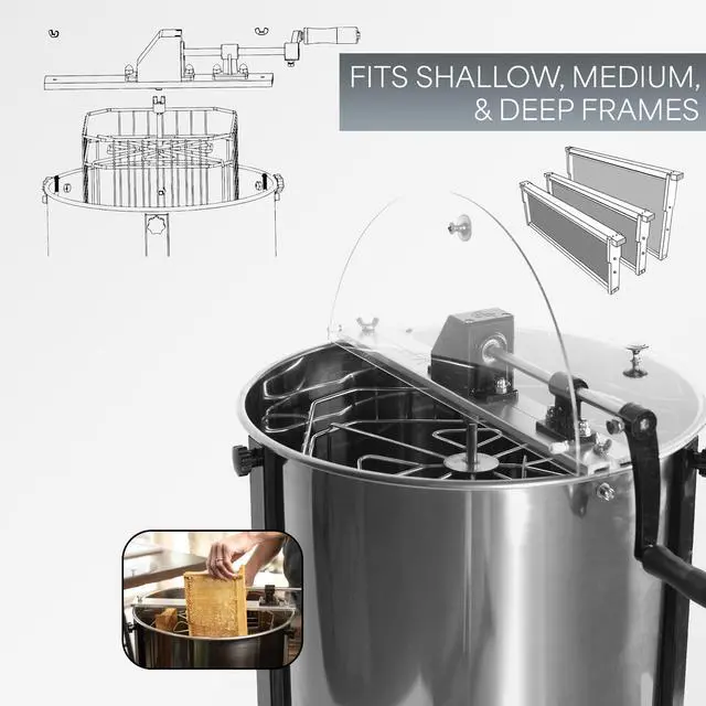 Alt view image 5 of 6 - Honey Extractor 8 Frame Rack (4 Deep Frames), Food Grade Stainless Steel Honey Processing Equipment, Manual Crank Honeycomb Drum Spinner with Transparent Lid, BEE-V004B