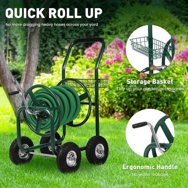 Alt view image 2 of 6 - Garden Hose Reel Cart with Wheels, Holds 300-Feet of 5/8-Inch Hose, Heavy Duty Yard Water Planting 4 Wheels Outdoor Garden Lawn Water Truck with Storage Basket, Green