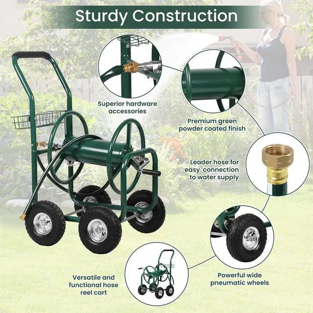 Alt view image 3 of 6 - Garden Hose Reel Cart with Wheels, Holds 300-Feet of 5/8-Inch Hose, Heavy Duty Yard Water Planting 4 Wheels Outdoor Garden Lawn Water Truck with Storage Basket, Green