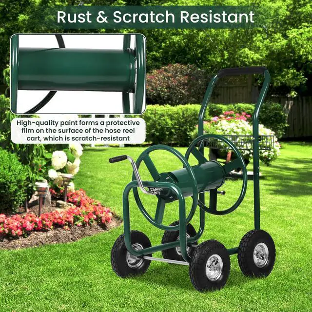 Alt view image 4 of 6 - Garden Hose Reel Cart with Wheels, Holds 300-Feet of 5/8-Inch Hose, Heavy Duty Yard Water Planting 4 Wheels Outdoor Garden Lawn Water Truck with Storage Basket, Green