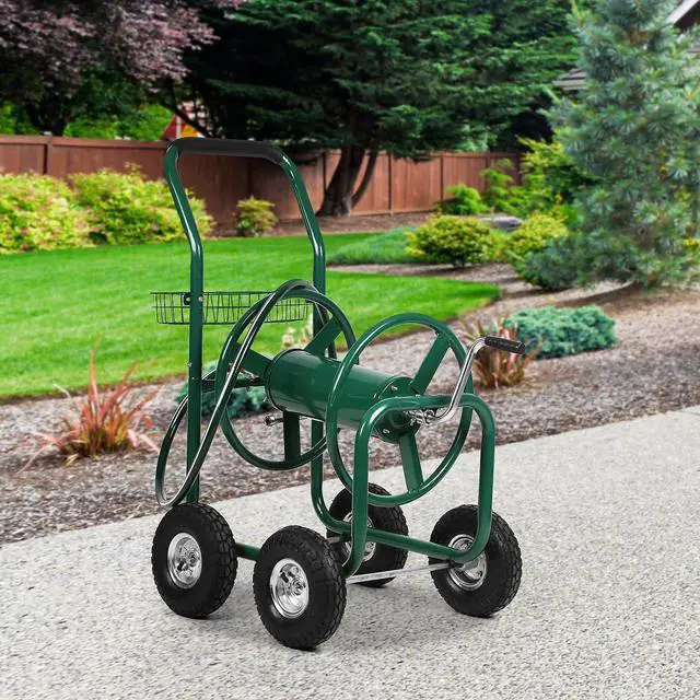 Alt view image 5 of 6 - Garden Hose Reel Cart with Wheels, Holds 300-Feet of 5/8-Inch Hose, Heavy Duty Yard Water Planting 4 Wheels Outdoor Garden Lawn Water Truck with Storage Basket, Green