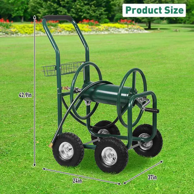 Alt view image 6 of 6 - Garden Hose Reel Cart with Wheels, Holds 300-Feet of 5/8-Inch Hose, Heavy Duty Yard Water Planting 4 Wheels Outdoor Garden Lawn Water Truck with Storage Basket, Green