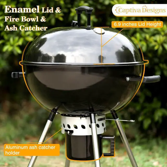 Alt view image 2 of 6 - 22-inch Kettle Charcoal BBQ Grill with Enameled Lid and Firebowl, Extra Thick Chromplated Grate & Slid-out Ash Catcher, Barbecue Grill Outdoor Cooking, Picnic, Patio, Backyard