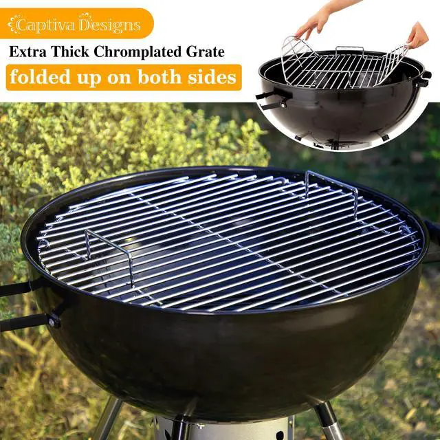 Alt view image 4 of 6 - 22-inch Kettle Charcoal BBQ Grill with Enameled Lid and Firebowl, Extra Thick Chromplated Grate & Slid-out Ash Catcher, Barbecue Grill Outdoor Cooking, Picnic, Patio, Backyard