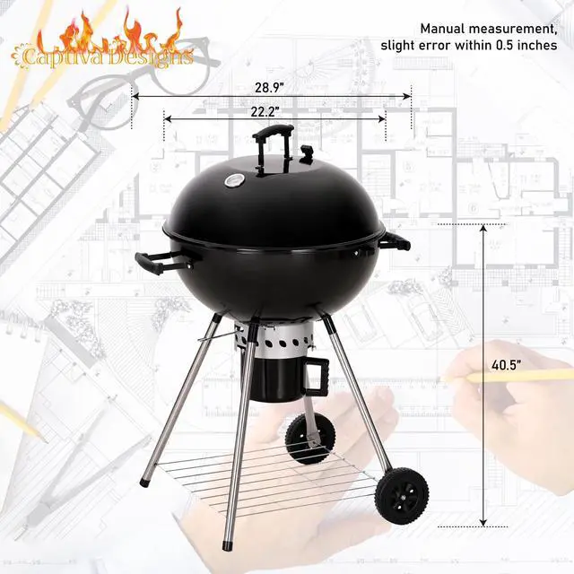Alt view image 6 of 6 - 22-inch Kettle Charcoal BBQ Grill with Enameled Lid and Firebowl, Extra Thick Chromplated Grate & Slid-out Ash Catcher, Barbecue Grill Outdoor Cooking, Picnic, Patio, Backyard